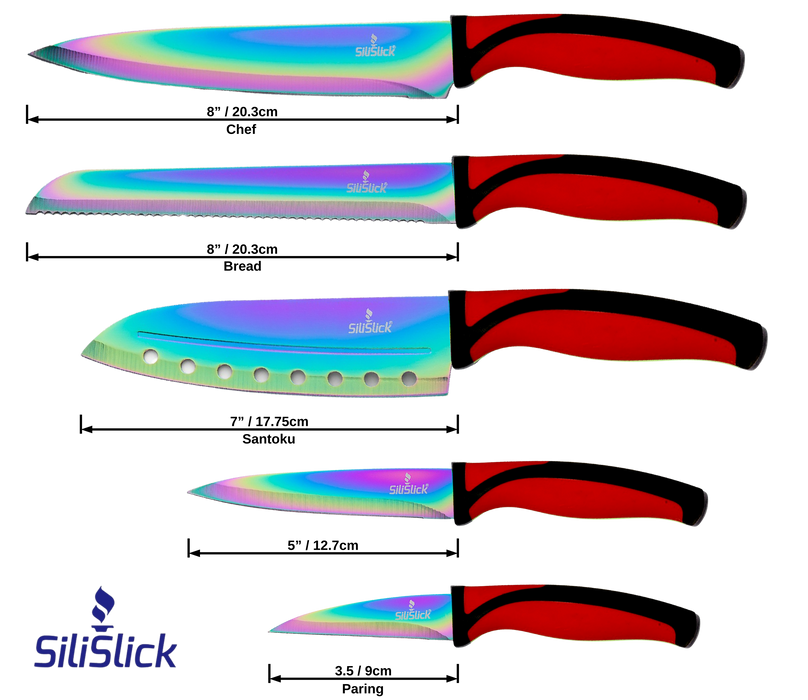 Kitchen Knife Set Kit | Red Handle & Black Magnetic Rack